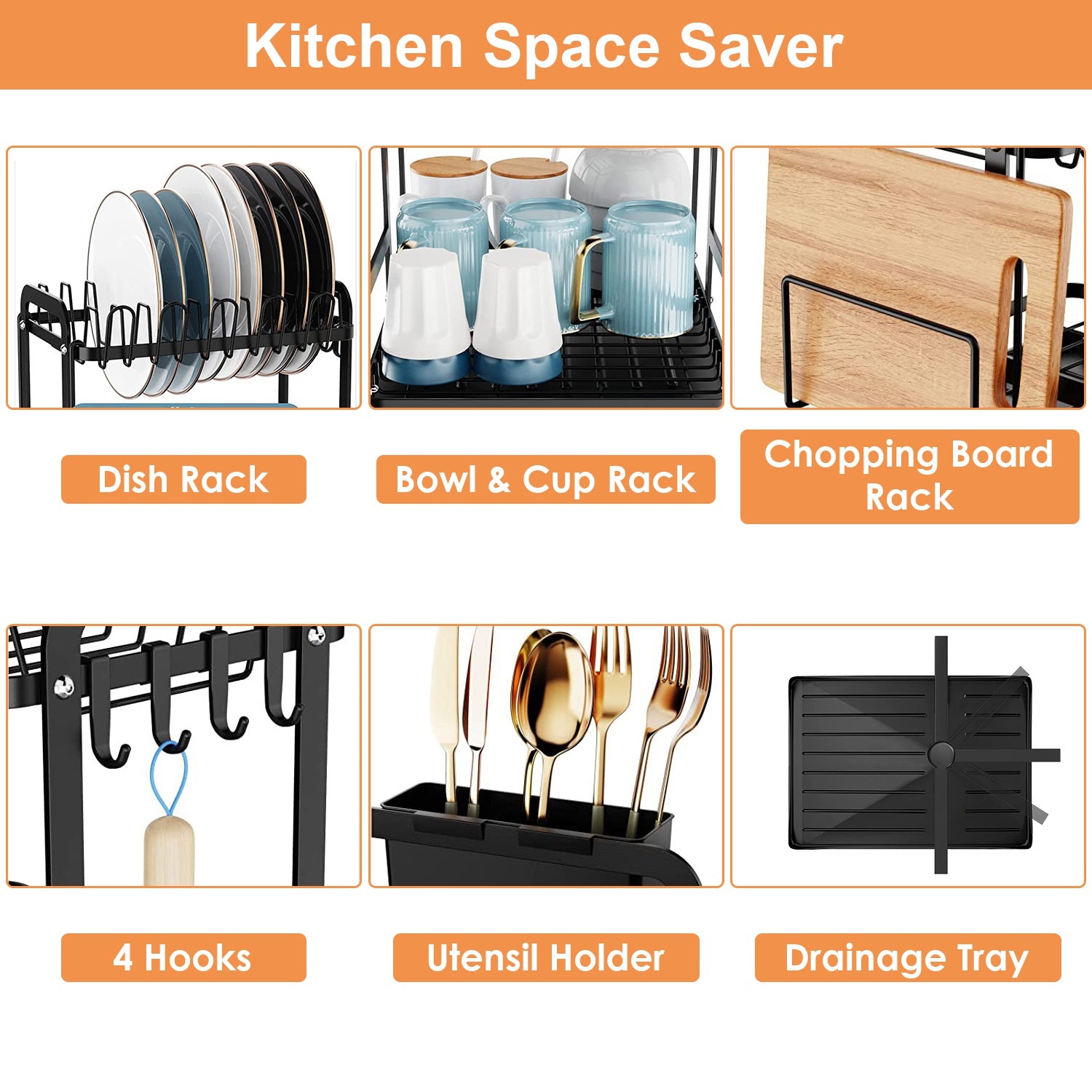 1Pc  2-Tier Dish Drying Rack For Kitchen Counter Space Saving Rustproof Dish Rack With Drainboard Detachable Kitchen Drainer Organizer Set With Utensil Holder Bowl Rack Dish Rack Chopping Board Rack