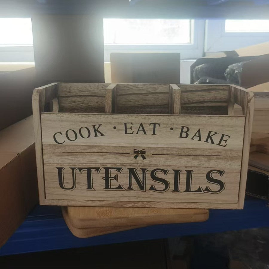 Wooden Vintage-Style Organizer Box For Kitchen Utensils Chopsticks And Spoons